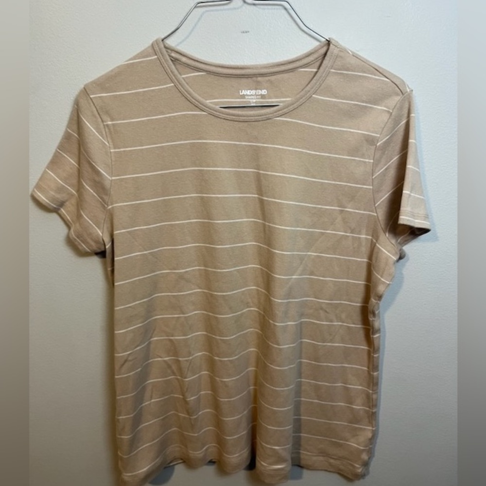 Beige with White Pin Stripes Lands’ End Shaped Fit Scoop Neck Tee